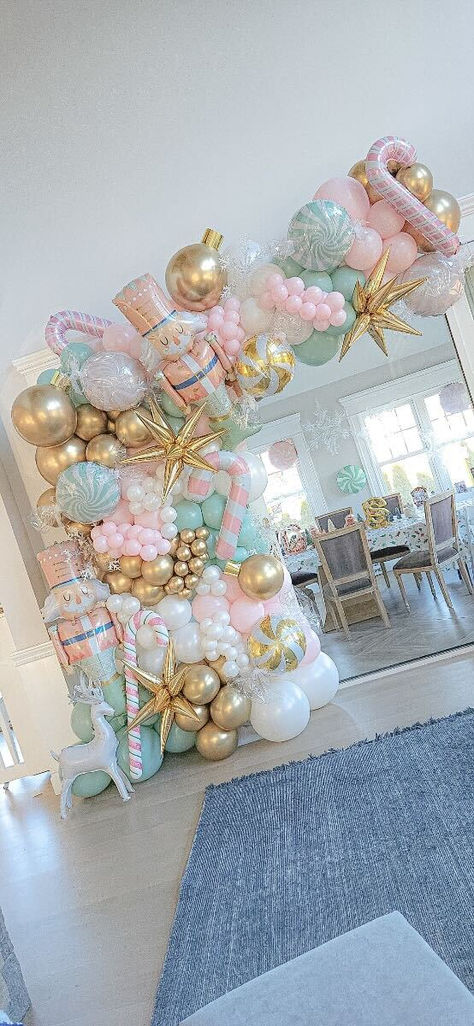 A Dreamy Pastel Nutcracker Christmas Balloon Garland Decoration designed by @BalloonacyBoston Diy Pastel Nutcracker, Christmas Theme Pictures, Barbie Nutcracker Birthday Party, Pastel Christmas Balloons, Pink Christmas Cake Pops, Pink Balloon Christmas Tree, Nutcracker Balloon Garland, Nutcracker Gender Reveal Ideas, Nutcracker Balloon Arch