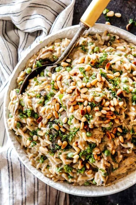 The 20 BEST Pine Nut Recipes - GypsyPlate Asiago Sauce, Orzo Mushroom, Pine Nuts Pasta, Creamy Orzo Pasta, Easy Orzo, Mushroom Orzo, Thyme Sauce, Asian Pasta Salads, Orzo Pasta Recipes