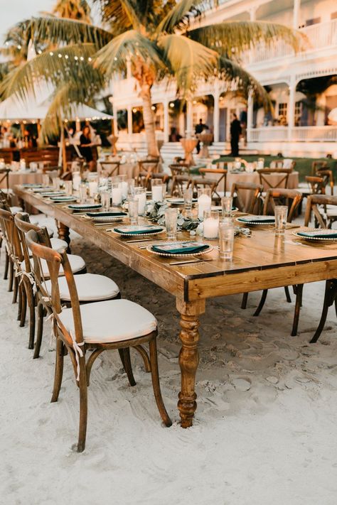 wedding ceremony setup with long wooden roman tables Mrs And Mrs Wedding, Florida Keys Wedding Venues, Aruba Weddings, Tropical Glam, Mrs And Mrs, Florida Keys Wedding, Beachy Wedding, Key West Wedding, Destin Florida Wedding