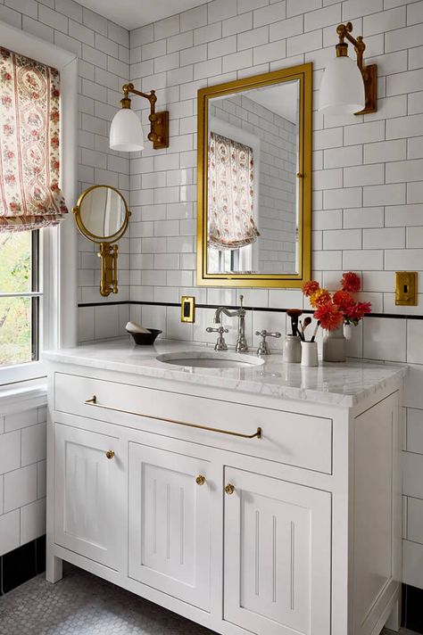 Inset Medicine Cabinet, Katie Rosenfeld, Vintage Style Bathroom, Tudor Home, Light Wooden Floor, Tv Built In, Built In Hutch, Timeless Home, White Subway Tiles