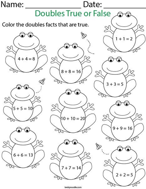 Doubles True or False to 10- Frogs Math Worksheet - Twisty Noodle Doubles Worksheet 1st Grade, Double Addition Worksheet, Frog Worksheet, Doubles Worksheet, Teaching Doubles, Math Doubles, 1st Grade Spelling, Holiday Math Worksheets, Tally Chart