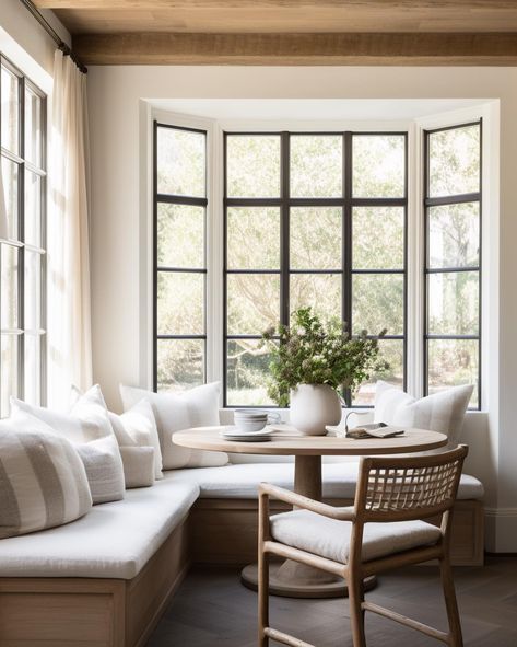 Monika McCommon | i’ve had a pinterest board dedicated to breakfast nooks since probably it’s inception. loove a good nook & we’re designing one in our next… | Instagram Breakfast Nook Corner Window, California Casual Breakfast Nook, Mediterranean Breakfast Nook, Breakfast Nook Furniture Ideas, Corner Dining Room Table, Bay Window Dining Area Breakfast Nook, Breakfast Nook Inspiration, Breakfast Nook Chairs, Kitchen Sitting Area Nook