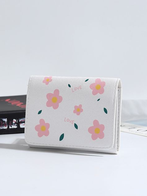 White Preppy Collar  PU Leather Floral  Embellished   Wallets & Cardholders Pattern Purse, Cute Wallets, Stylish Letters, Leather Floral, Style Preppy, Polyvinyl Chloride, Floral Letters, Trifold Wallet, Small Wallet