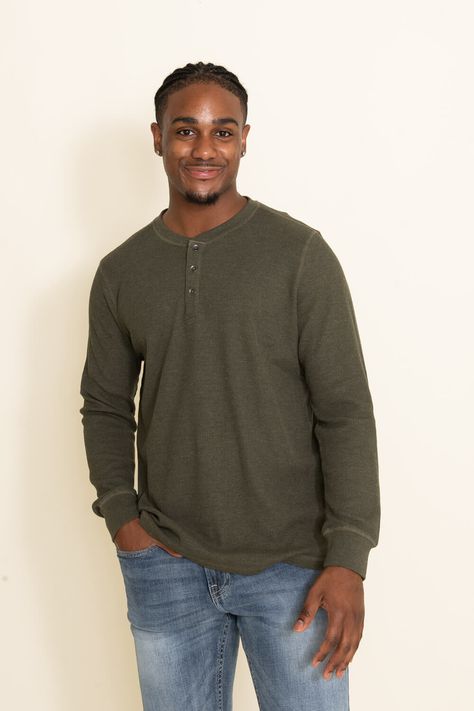 Styled alone or with your favorite layering piece, this North River Long Sleeve Waffle Henley Shirt for Men in Olive Green will bring so many options to your closet. With long sleeves, 3 button closure, and thermal knit construction, this top is super comfy and versatile for any activity for the upcoming cooler months. Features: North River Style: NRM2195-OLIVE Color: Olive Green 60% Cotton 40% Polyester Men’s long sleeve tops Crew neckline, long sleeves Pullover style 3 button closure with oile River Style, Printed Shirts For Men, Waffle Henley, Tops For Men, Henley Shirt, Olive Color, Henley Shirts, Layering Pieces, Long Sleeve Pullover