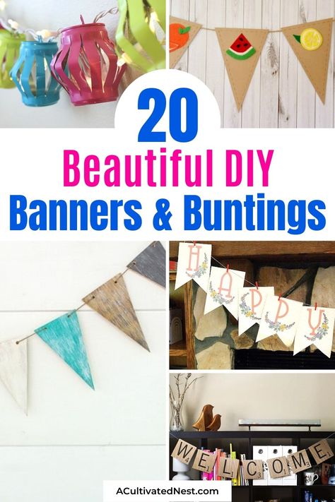 20 Beautiful DIY Banners and Buntings- For a budget-friendly way to spruce up your home for different seasons, holidays, and parties, check out these beautiful DIY banners and buntings! | homemade banner craft, #diyProject #craftIdeas #diyBunting #diyBanner #ACultivatedNest Holiday Banners Diy, Buntings And Banners, Homemade Banners Diy, Homemade Banner, Fabric Banner Diy, Diy Banner Template, Homemade Banners, Banner Craft, Diy Banners