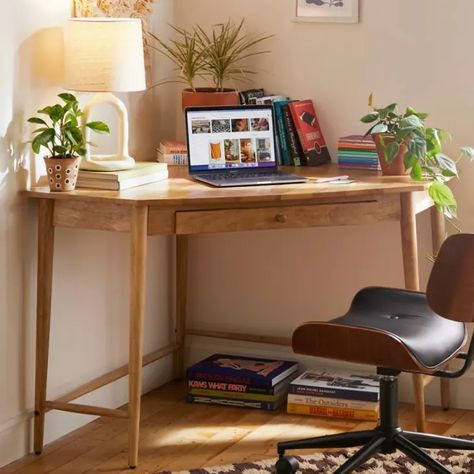 Desks For Apartments, Desk Bookshelf Combo Corner, Home Office Boho Chic Desks, Boho Corner Desk, Small Desk In Living Room Ideas, Desk For Apartment, Desk Corner Bedroom, Córner Desk, Small Bedroom Ideas Desk