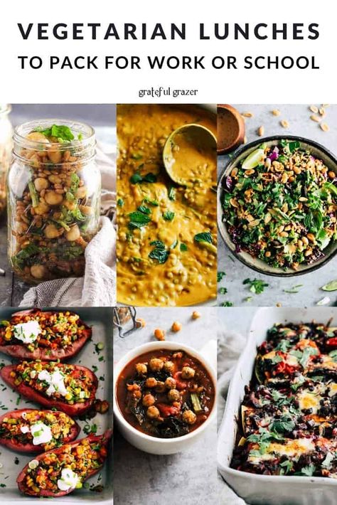 Looking for packable vegetarian lunches to bring to work or school? All of these plant-based recipes can be prepped ahead of time. #GratefulGrazer #VegetarianLunches #LunchRecipes #VegetarianFood Best Vegetarian Lunches For Work, Vegetarian Lunches For Work, Lunches To Pack For Work, Easy Vegetarian Lunches, Vegetarian Lunch Ideas For Work, Lunches To Pack, Veggie Lunches, Vegetarian Lunch Ideas, Vegetarian Lunches