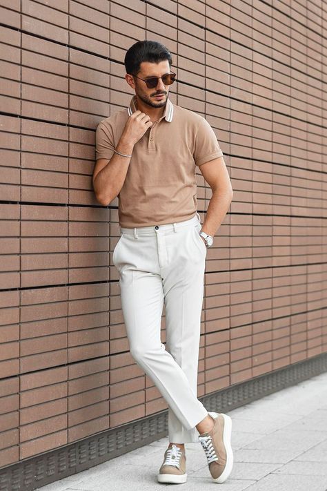 Polo Shirts For Men Outfits, Khaki Polo Outfit Mens Fashion, Beach Semi Formal Wedding Guest Men, Light Khaki Pants Outfit Men, Cream Polo Outfit Men, Light Green Outfit Men, Men Baby Shower Outfit, Brown Polo Outfit Men, Tall Men Outfits