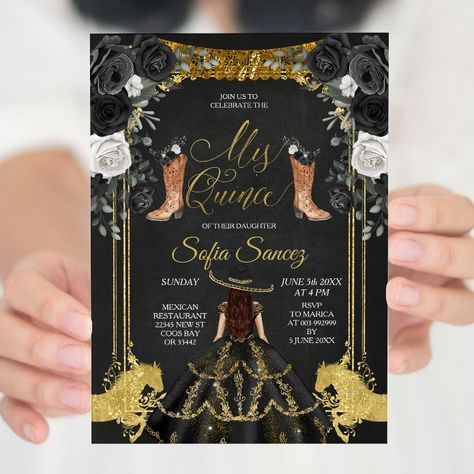 Mexican Girl Charra Mis Quince Black Invitation - tap to personalize and get yours  #mis #quince #invitation, #princess #quinceanera Black Quince Theme, Charro Invitations, Sweet 15 Invitations, Black Quince, Invitations Quinceanera, Quince Invitations, Sweet Sixteen Invitations, Quinceanera Themes, Invitation Elegant