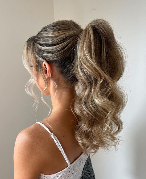 Cute Updo For Bridesmaid, Bridal Shower Hair Ponytail, Formal Hairstyles For Long Hair Blonde, Buns For Homecoming, Birthday Hairstyles Blonde Hair, Hoco Hair Inspo Ponytail, Mid Pony Prom Hairstyles, Hair Up Party Hairstyles, Mid Pony Tailed Hairstyle