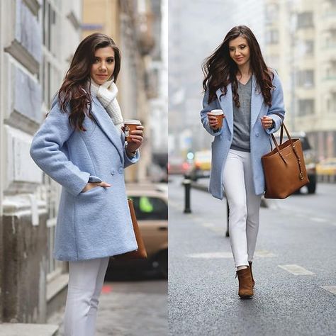 Blue Coat Outfit, Light Blue Coat, Asos Sweater, Pullover Outfit, Blue Coat, Blue Coats, Coat Outfits, Blue Outfit, Handbags Michael Kors