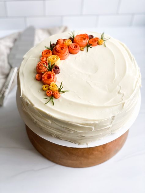 Double layer carrot cake topped with sweet cream cheese! Decorate A Carrot Cake, Cake Garnish Ideas, Cake Garnish, Carrot Cake Decoration, Garnish Ideas, Aunts Birthday, Carrot Flowers, Carrot Cake Recipe, Unsweetened Applesauce