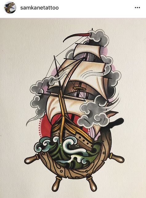 Bon voyage Traditional Ship Tattoo, Old School Ink, Boat Tattoo, Sailor Tattoos, Pirate Tattoo, Seni Pop, Sea Tattoo, Kunst Tattoos, Tato Lengan