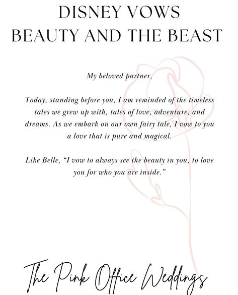 "Just like Belle found her Beast, true love sees beyond the surface. Let your vows reveal the beauty within your hearts. Say 'I do' to a love that’s timeless as a tale as old as time." #WeddingVows #DisneyMagic #CharlotteWeddings #WeddingOfficiantCLT #BeautyAndTheBeastLove #NCWeddingCoordination Disney Wedding Vows, Beauty And The Beast Wedding, Wedding Vows To Husband, Pink Office, Tale As Old As Time, Wedding Officiant, Disney Wedding, Wedding Vows, Disney Magic