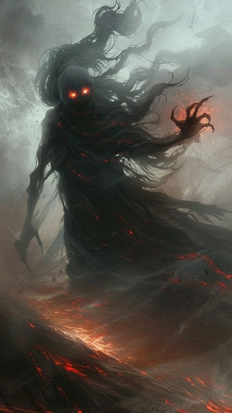 A shadowed figure shrouded in swirling black mist, eyes glowing an eerie red, performs a ritualistic dance. A ghostly apparition rises from the ground, its form flickering and distorted, reaching out with skeletal fingers. The air crackles with arcane energy, casting long, ominous shadows on the desolate landscape. Shadow Monster Fantasy Art, Shadow Werewolf, Fantasy Ghost Art, Shadow Monster Art, Shadow Demon Art, Mist Monster, Scary Monster Art, Fantasy Gods Art, Shadow God