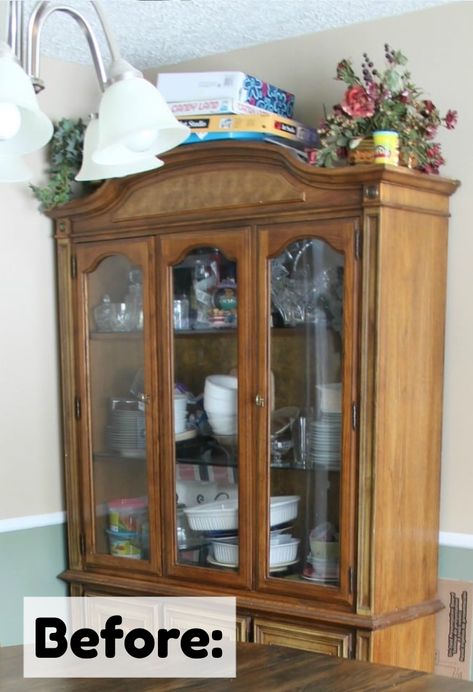 Dining Room China Hutch Makeover- before and after pictures of the process. Chalk paint tutorial furniture. Painting China Hutch Wallpaper, China Cabinet Before And After, Decorate Top Of China Cabinet, Dining Hutch Makeover, Black Hutch Makeover, Dining Room Hutch Makeover, Hutch Makeover Diy, Refinished China Cabinet, Victorian Dining Room Table