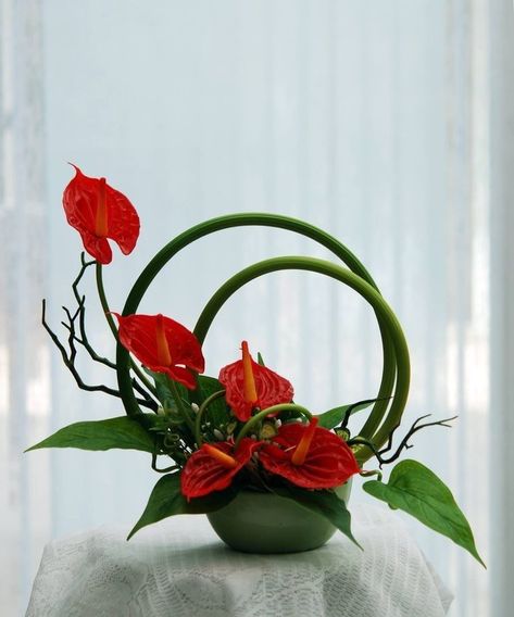 Lily Arrangement Vase Floral Design, Floral Design Competition, Tropical Floral Design, Simple Centrepiece, Anthurium Arrangement, Art Floral Japonais, Contemporary Floral Design, Arreglos Ikebana, Contemporary Flower Arrangements