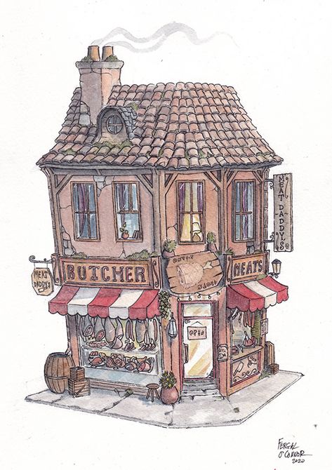 The Butcher's Shop by fergal91 on Behance Butcher Shop Drawing, Fantasy Butcher Shop, Butchers Shop Minecraft, Medieval Shop Concept Art, Old Butcher Shop, Bakery Building Design, Medieval Butcher Shop, Butcher Shop Minecraft, Butcher Minecraft