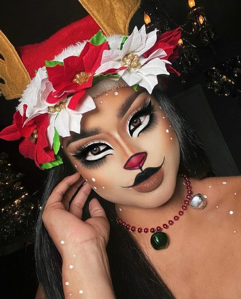 Ugly Sweater Makeup Ideas, Christmas Character Makeup Looks, Christmas Character Makeup, Crismas Makeup Look, Rudolph The Red Nosed Reindeer Makeup, Rudolf Makeup, Christmas Make Up Ideas, Christmas Elf Makeup Looks, Christmas Reindeer Makeup