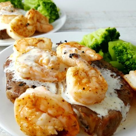 Ribeye Steak and Shrimp with Parmesan Sauce for Two - Applebee's copycat recipe Parmesan Sauce Recipe, Applebees Copycat Recipes, Grilled Ribeye Steak, Shrimp Parmesan, Parmesan Cheese Sauce, Broccoli Dishes, Grilled Ribeye, Bbq Pork Ribs, Steak And Shrimp