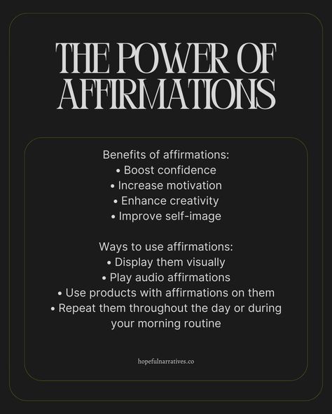 Affirmations are positive statements we repeat to ourselves, affirming our abilities and desired outcomes. Affirmations help shift our mindset, influencing our behavior and choices. Check out my blog post on affirmations in my links where I dive into why and how you can use them, and give you some more affirmations you can incorporate in your routine. Benefits of affirmations: • Boost confidence • Increase motivation • Enhance creativity • Improve self-image Ways to use affirmations: • D... Benefits Of Affirmations, Increase Motivation, Positive Statements, Boost Confidence, Self Image, Confidence Boost, Mental Health Awareness, Daily Affirmations, Positive Affirmations