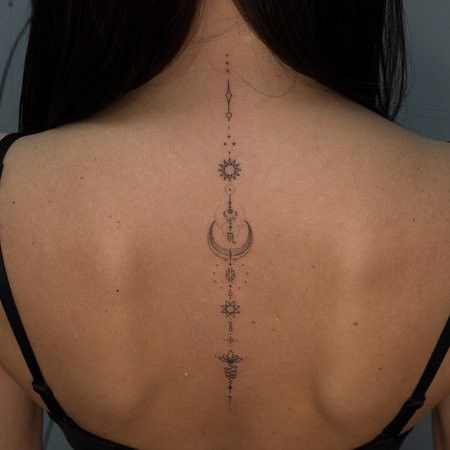 Fine Line Chinese Character Tattoo, Spine Tattoos Travel, Sanskrit Spine Tattoo, Hot Spine Tattoos For Women Unique, Linear Spine Tattoo, Spine Tattoos For Women Spiritual, Dainty Back Tattoos For Women Spine, Line Work Spine Tattoo, Tattoo Rug Dames