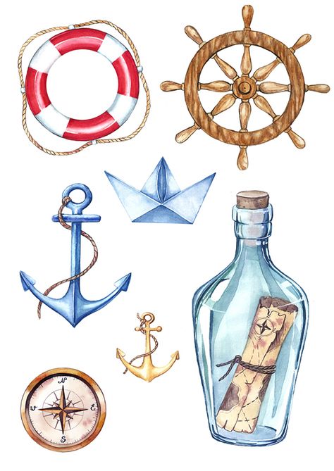 Idee Cricut, Desain Quilling, Baby Art, Decoupage Paper, Journal Stickers, Nautical Theme, Watercolor Clipart, Watercolor Illustration, Watercolor Painting