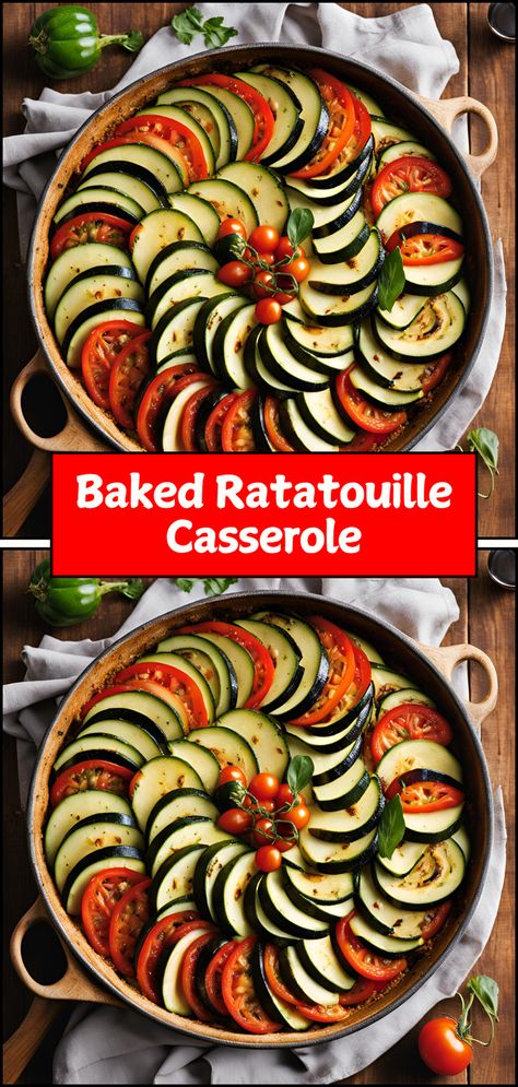 Delight in this Easy Baked Ratatouille Casserole, a vibrant medley of fresh vegetables layered with savory tomato sauce and topped with gooey cheese! Perfect for a cozy dinner or meal prep, this dish is not only nutritious but also bursting with flavor. Ideal as a main course or a delightful side, it's a fantastic way to enjoy seasonal produce. Pin this recipe for a comforting and colorful addition to your table! 🍆🍅  #BakedRatatouille #HealthyRecipes #VegetarianCooking #Casserole #ComfortFood Ratatouille Casserole, Fancy Vegetarian Dinner, Baked Ratatouille, Vegetarian Dinner Party, Healthy Vegetarian Dinner, Easy Vegetarian Dinner, Cozy Dinner, Family Friendly Dinners, Recipes Chocolate