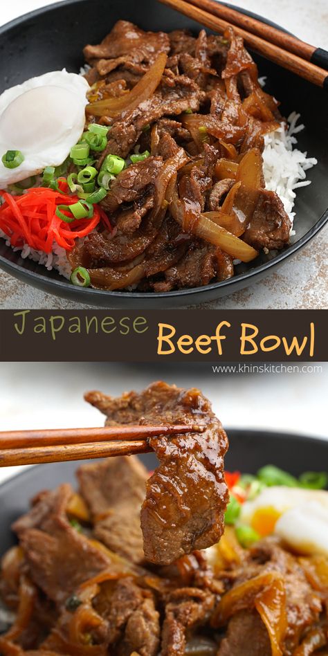 Sliced Beef Recipes, Japanese Beef Bowl, Beef Bowl Recipe, Japenese Food, Beef Bowl, Japanese Beef, Japanese Dinner, Asian Beef, Easy Japanese Recipes