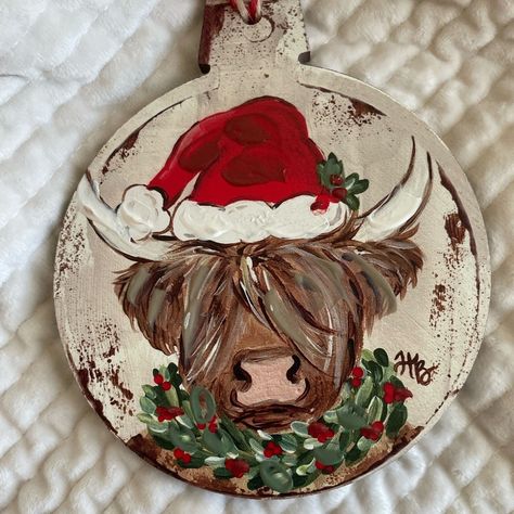 New With Tag Hand Painted Bull/Cow With Santa Hat And Wreath Around Neck Approx 5" In Diameter Approx 6" Tall (Not Not Include Loop For Hanging) So Cute!! Christmas Hand Painted, Cow Ornaments, Painted Santa, Bull Cow, Cow Design, Cowboy Christmas, Wood Tags, Painted Christmas Ornaments, Holiday Painting