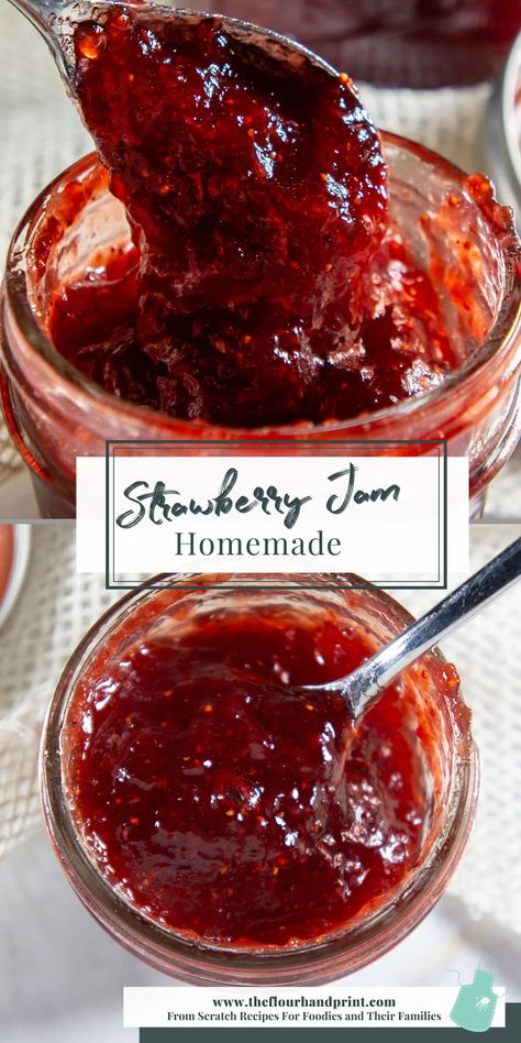 Homemade strawberry jam canning is a great way to preserve summer strawberries or use up the big bags of frozen strawberries in your freezer. Easy strawberry jam recipes like this one use just 3 ingredients to create a sweet, fruity strawberry jam with pectin that has a consistent, spreadable texture. Canning strawberry jam is easy when you follow the proper steps and take your time and it’s a great way to preserve strawberries long after summer has passed. Strawberry Coconut Jam, Strawberry Peach Jam Recipe, Cooked Strawberry Jam, Strawberry Jam Frozen Strawberries, Strawberry Perseveres, Homemade Strawberry Jam Recipe, Frozen Fruit Jam Recipes, Fruit Canning Recipes, Frozen Strawberry Jam Recipe