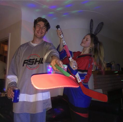 Hockey Player And Puck Bunny Costume, Puck Bunny Halloween Costume, Hockey Couple Costume, Couple Halloween Costumes Hockey, Puck Bunny Costume, Bunny Couple Costume, Hockey Player Halloween Costume, Hockey Halloween Costume, Hockey Costume