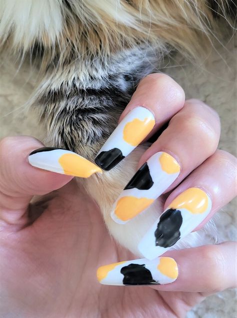 Calico Cat Nails, Calico Nails, Cat Nails Design, Long Nails Design, Cat Nail Designs, Gato Calico, Long Nail Designs, Cat Nails, Prom Nails