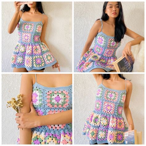 Granny Square Crochet Dress, Peplum Crochet, Square Dress, Dress Peplum, Crate Ideas, Milk Crate, Mode Crochet, Etsy Diy, Crochet Design Pattern