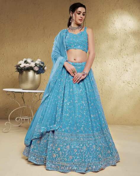 Buy Aqua Lehenga Choli Sets for Women by ZEEL CLOTHING Online | Ajio.com Blue Lengha, Sky Blue Lehenga, Georgette Material, Lengha Choli, Lehenga Wedding, Blue Lehenga, Ghagra Choli, Designer Lehenga Choli, Beautiful Sky