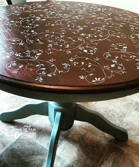 Stenciled Kitchen Table, Stencil Dining Table, Stained And Painted Table, Repurposed Round Kitchen Table, Paint Round Table, Round Wooden Table Makeover, Table Top Stencil Ideas, Painted Round Kitchen Table, Round Kitchen Table Makeover