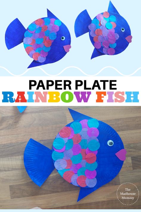 This sweet and easy paper plate rainbow fish craft is perfect for home crafting with kids, as a fun preschool craft or for under the sea school display boards. A fun and easy ocean animal craft idea for kids and a great way to use up some old tissue paper too! Sea School Project, Rainbow Fish Craft Preschool, Under The Sea Crafts For Kids, Rainbow Fish Craft, Paper Plate Sea Animals, Fish Art And Craft For Preschool, Rainbow Fish Craft Toddlers, Fish Crafts For Kids, Rainbow Fish Art Project