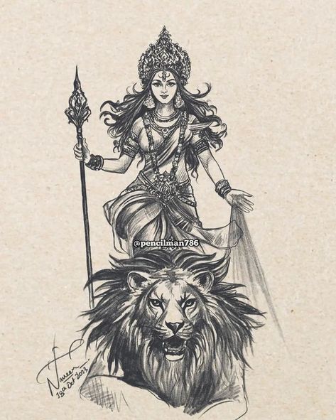 Bharat Maa Drawing, Devi Sketch Pencil, Durga Maa Aesthetic Drawing, Durga Devi Mandala Art, Durga Devi Sketch, Dashain Drawing, Indian Gods Drawing, God Pencil Sketch, Hinduism Drawing