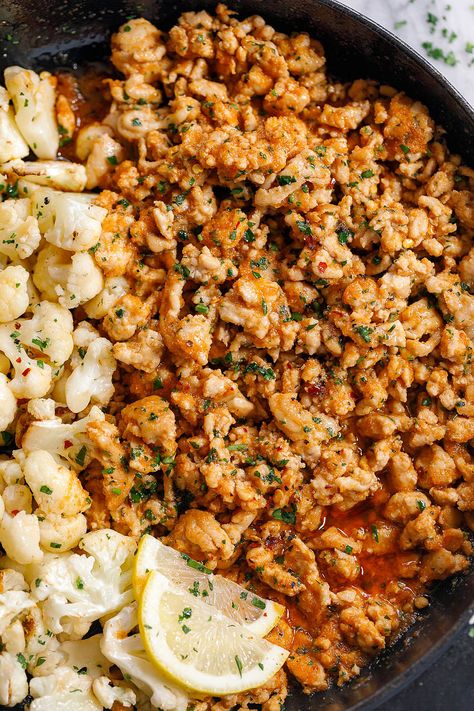 Garlic Butter Turkey with Cauliflower - #turkey #cauliflower #eatwell101 #recipe - A rich and indulgent bowl of comfort with a healthy twist! - #recipe by #eatwell101 Cauliflower And Ground Turkey, Ground Turkey And Cauliflower Recipes, Cauliflower Turkey, Garlic Butter Turkey, Turkey Cauliflower, Cauliflower Skillet, Butter Turkey, Ground Turkey Recipes Easy, Ground Turkey Recipes Healthy