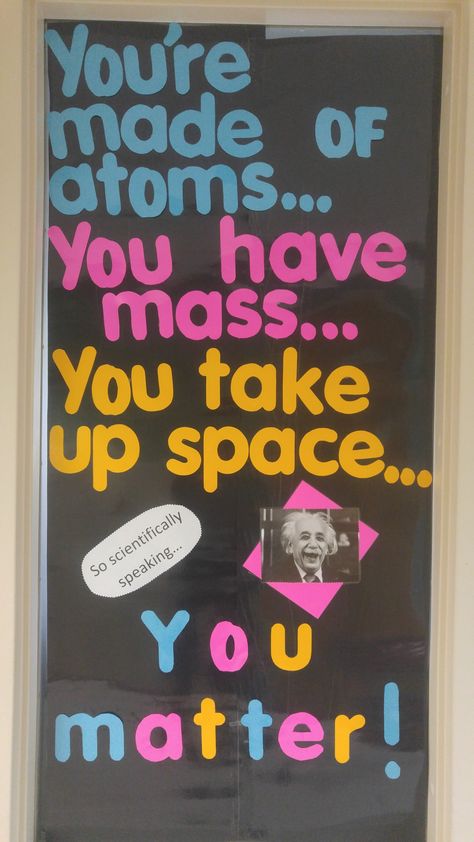 Junior High Classroom Door Ideas, Science Themed Classroom Doors, Science Teacher Door Decorations, Science Bulletin Board Ideas High School, Physical Science Classroom Decorations, Science Door Decorations Classroom, Stem Decorations Classroom, Science Classroom Door, Science Door Decorations