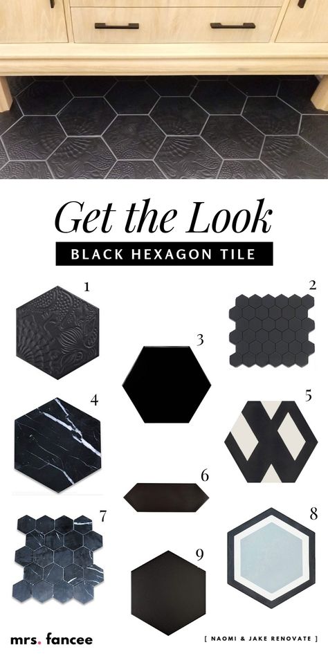 Tile Trend - Black Hexagon Tile Floors - Naomi Bjerk Black Honeycomb Tile Bathroom Floor, Black Hexagon Peel And Stick Floor Tile, Black Hexagon Tile Bathroom Floor, Black Hexagon Tile Floor, Black Hexagon Tile Kitchen, Black Hexagon Tile Bathroom, Black Hexagon Floor, Hex Tile Floor, Hexagon Tile Bathroom