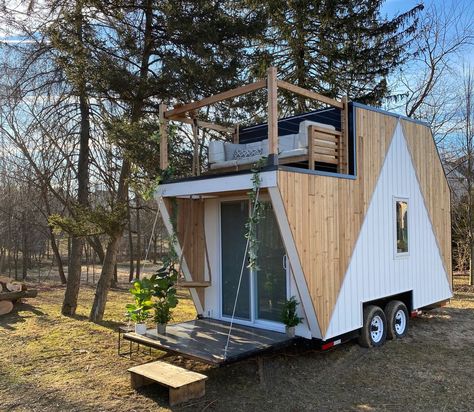 16-ft. Steel-Framed Tiny House with Unique Rooftop Deck by Comak Tiny Homes (For Sale) Tiny House Exterior, Tiny House Talk, Steel Framing, Tiny House Trailer, Tiny House Inspiration, Shower Cabin, Trailer Home, Sliding Patio Doors, Tiny Houses For Sale