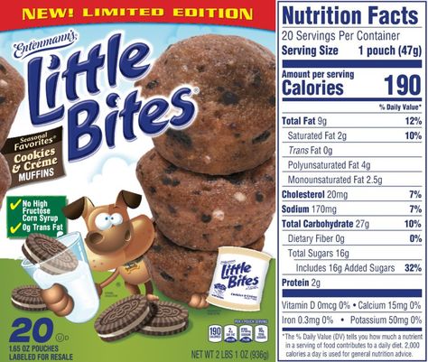 The updated Nutrition Facts label, as seen on Entenmann's Little Bites Cookies & Creme Muffins. Image courtesy of Label Insight. Label Minuman, Nutrition Facts Design, Label Produk, Chocolate Labels, Nutrition Facts Label, Chevrolet Captiva, Nutrition Labels, Packaged Food, Food Facts