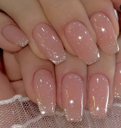 Prom Nails With Pink Dress, Prom Nails Gel Short, Elegant Coffin Nail Ideas, Nails For Pink Prom Dress, Neutral Prom Nails, Nude Sparkle Acrylic Nails, Sheer Pink Acrylic Nails, Prom Nails For Pink Dress, Nude Prom Nails