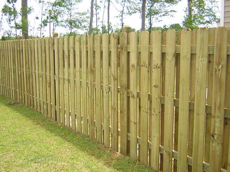 dog ear fence panels | Board On Board Simple Estate Fence (posts exposed) Wood Fence Panels, Stockade Fence, Dog Ear Fence, Garden Rock Border, Picket Fence Panels, Fence Construction, Privacy Fence Panels, Fence Picket, Wood Privacy Fence