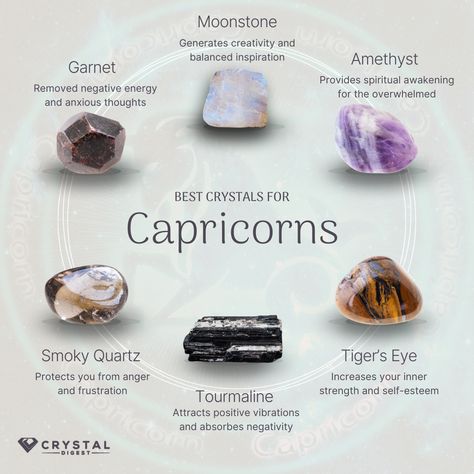 Explore the best crystals for Capricorns, known for their practicality and ambition. Garnet, for motivation, Tiger's Eye for balance, Onyx for strength, and Fluorite for focus, these stones complement the Capricorn's determined nature, grounding their energy and enhancing their innate resilience. Ideal for those looking to harness their zodiac power. Crystals For Zodiac Signs, Crystals For Capricorn, Nature Grounding, Capricorn Crystals, Crystal Magick, Zodiac Crystals, Birthstone Crystals, Grounding Crystals, Best Crystals