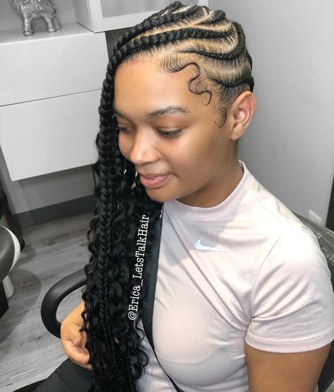 Feedin Braid Hairstyles For Black Women, Feed In Braids With Undercut, Ombre Feed In Braids Cornrows, Lemonade Braids Hairstyles Black Women, Curly Lemonade Braids, Large Lemonade Braids To The Side, Natural Hair Goddess Braid Styles, Goddess Lemonade Braids With Curls, Lemonade Feed In Braids