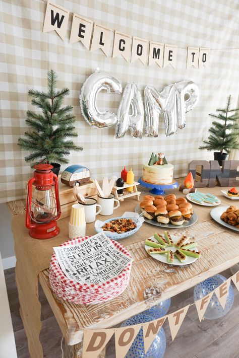 Camp Party Decorations, One Happy Camper Party, Lumberjack Party Decor, Tent Birthday Party, Happy Camper Party, Happy Camper Birthday Party, Camping Theme Birthday Party, Camping Theme Birthday, Camp Party