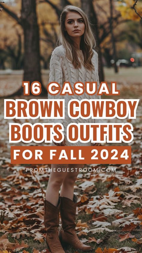 a woman wears brown cowboy boots for fall, western outfits Cowgirl Boots For Thick Calves, Two Tone Cowboy Boots, How To Style Fringe Boots, Outfit Ideas Cowgirl Boots, Fall Outfits With Western Boots, What To Wear With Fringe Boots, Cowboy Boots Outfits Women, Short Brown Cowboy Boots Outfit, Tall Western Boots Outfit Fall