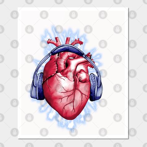 Heart With Headphones, Human Heart Art, Headphones Art, Gcse Art Sketchbook, Heart Poster, Music Headphones, Heart Drawing, Human Heart, Gcse Art